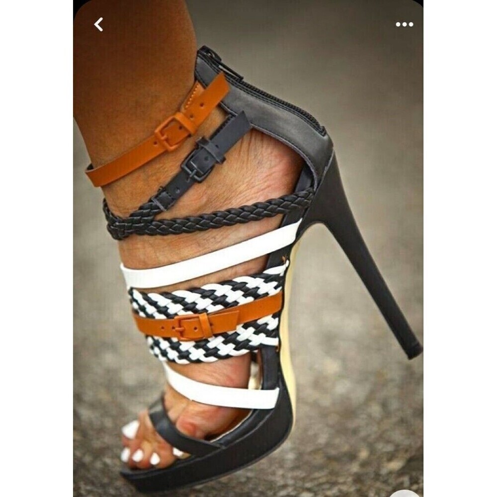 L.A.M.B. Black and White Heels with Brown Accents